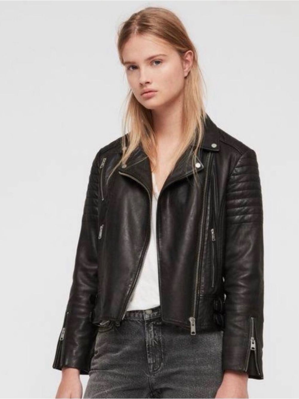 All Saints Black Quilted-Sleeve Leather Moto Jacket suze 2